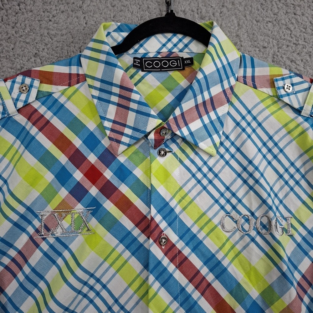 COOGI Embroidered‎ Button Up Shirt 2XL Spring Plaid Silver Logo Streetwear Patch